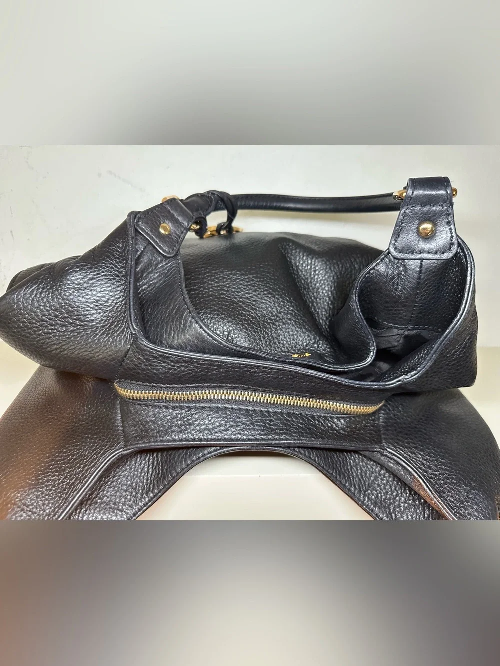Michael Kors Black Pebbled Leather Shoulder Bag with Gold Accents